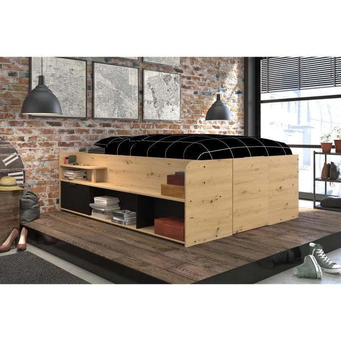 Cama con almacenamiento para adultos ODYSSEE - 140 x 190/200 cm - Con almacenamiento elevable - Acabado en roble y negro - 166,2 x 66,5 x 205,8 cm