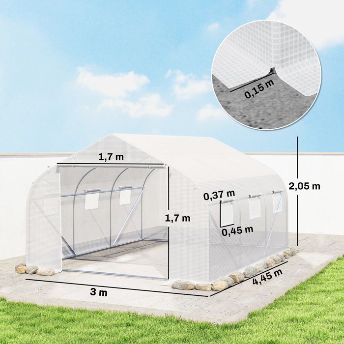 Invernadero tipo túnel Outsunny - 13,35 m² con 6 ventanas, estructura de acero galvanizado, cubierta de PE - 4,5x3x2m - blanco