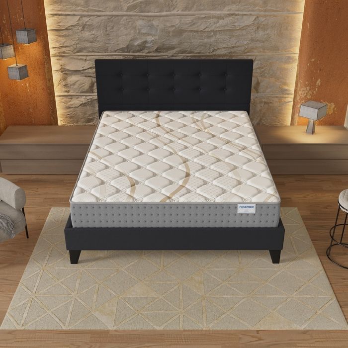 Colchón y cama (140x190cm) - Muelles ensacados Essem de 25cm y espuma de alta densidad + base de láminas estable y cabecero tapizado en negro.