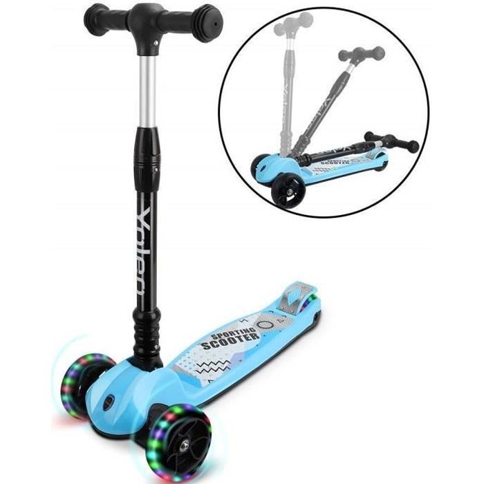Monopattino pieghevole a 3 ruote Yoleo con luci, ideale come regalo per bambini e bambine dai 3 ai 12 anni, altezza regolabile, colore blu.