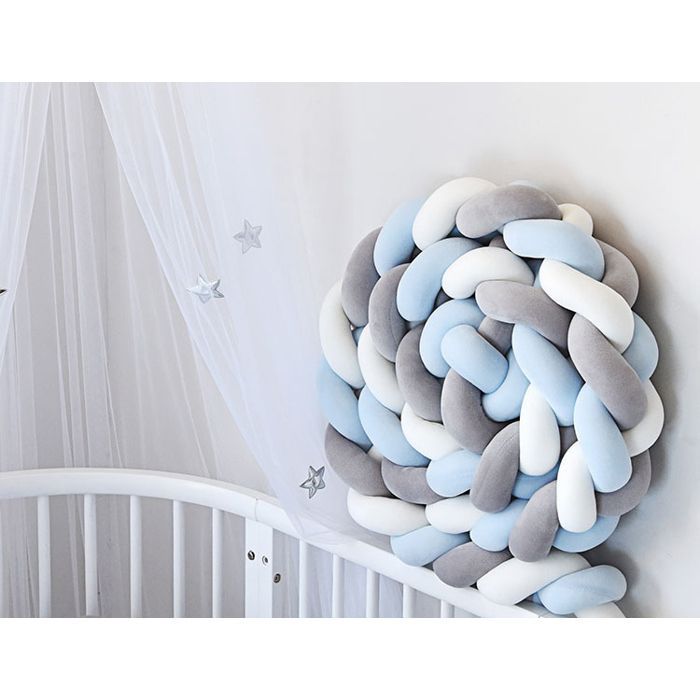 Tour de lit en polaire tissée à motif serpent - 3 mètres - Tissu tissé bleu, gris et blanc, coussin protecteur doux.