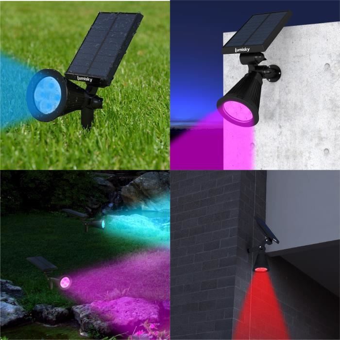 Pack of 2 Waterproof Outdoor Solar Spotlights - LUMISKY - 4 RGB Color LEDs - 200 Lumens - 90° Rotating Head
