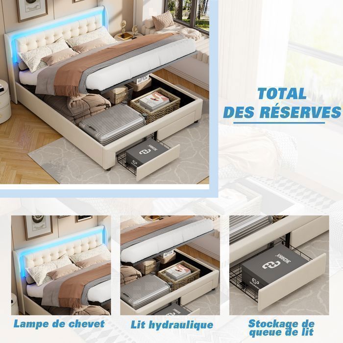Lit double 140x190 cm - SUNFECILI - Coffre avec sommier à lattes - LED - Beige - Rangement hydraulique