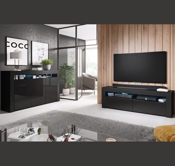Aparador bajo AKER - Negro brillante - 3 puertas - Iluminación LED - Almacenamiento