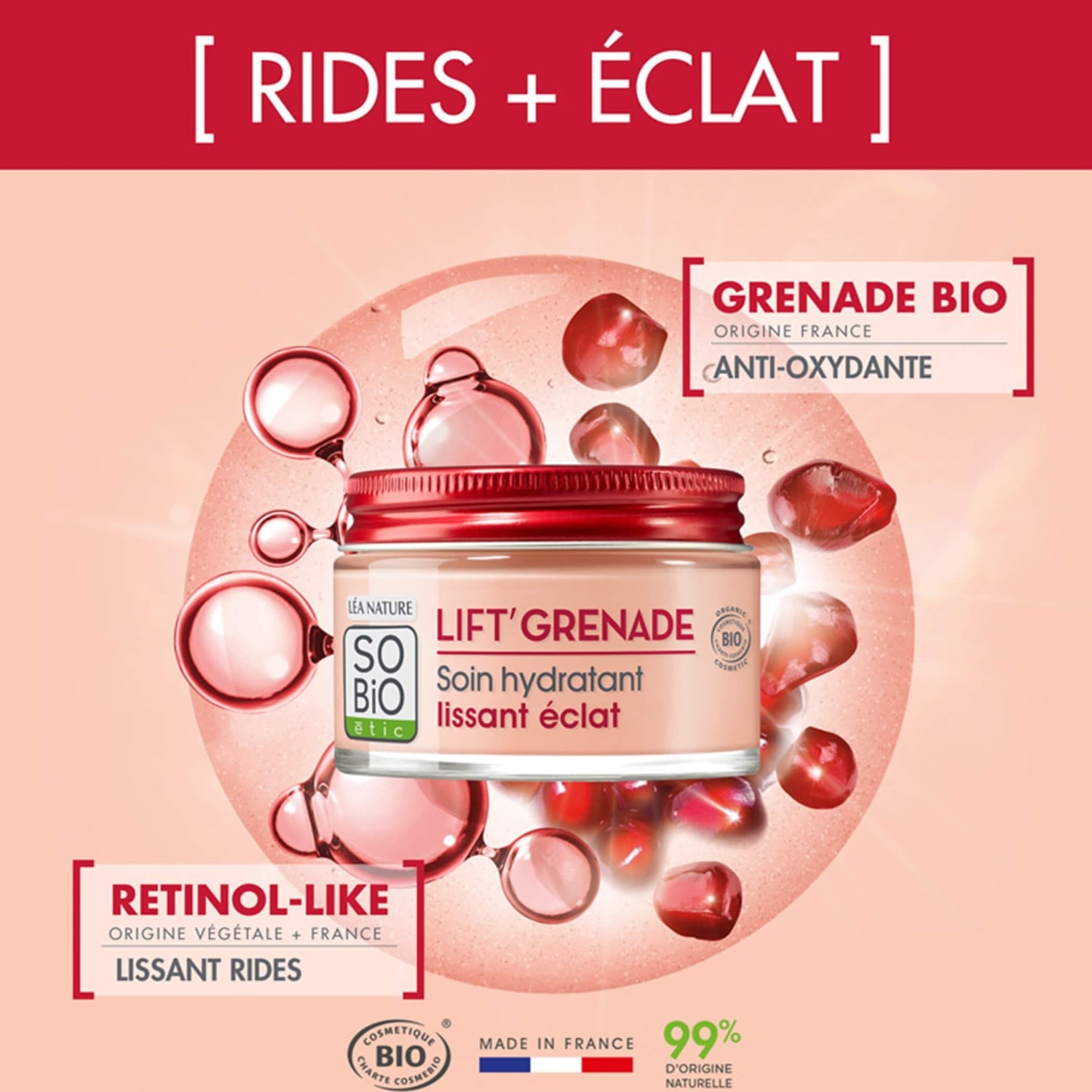 SO BiO étic Soin hydratant¹ lissant éclat, Lift'Grenade