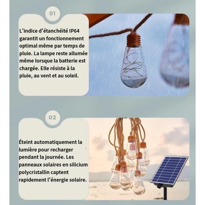 Guirlande lumineuse solaire d'extérieur - 6 m 100 LED avec 10 ampoules incassables - Idéale pour la décoration de jardin et de cour