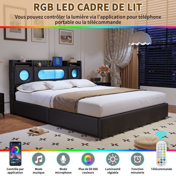 Cama de casal estofada de 160x200cm com arrumação, luzes LED e portas USB, com sistema hidráulico de arrumação, estrado de ripas e acabamento em PU preto.