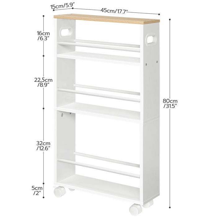 HOOBRO Serving Cart, 4-Tier Cart, Wheels with Brakes, for Kitchen, Bathroom, Living Room, White and Wood Color