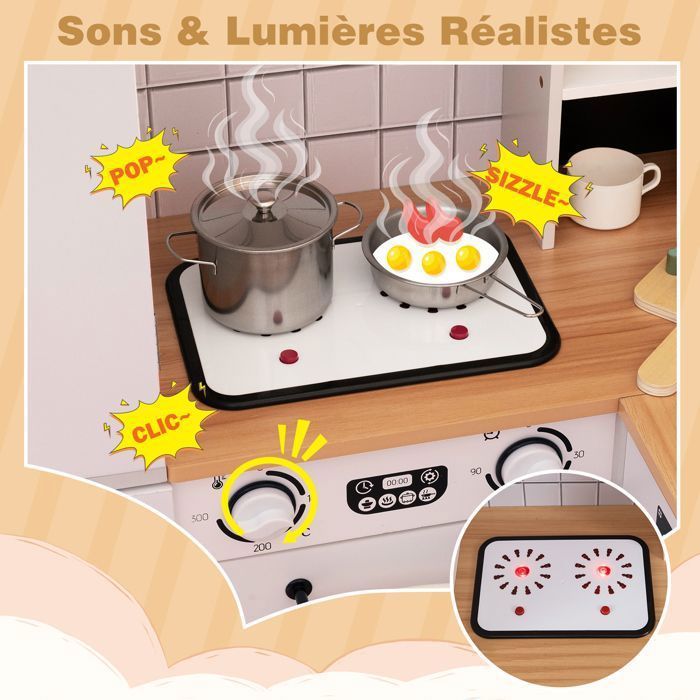 Cocina de juguete interactiva XXL COSTWAY para niños de 3 años en adelante - 12 accesorios, cafetera, lavadora, cestas de tela gris claro.