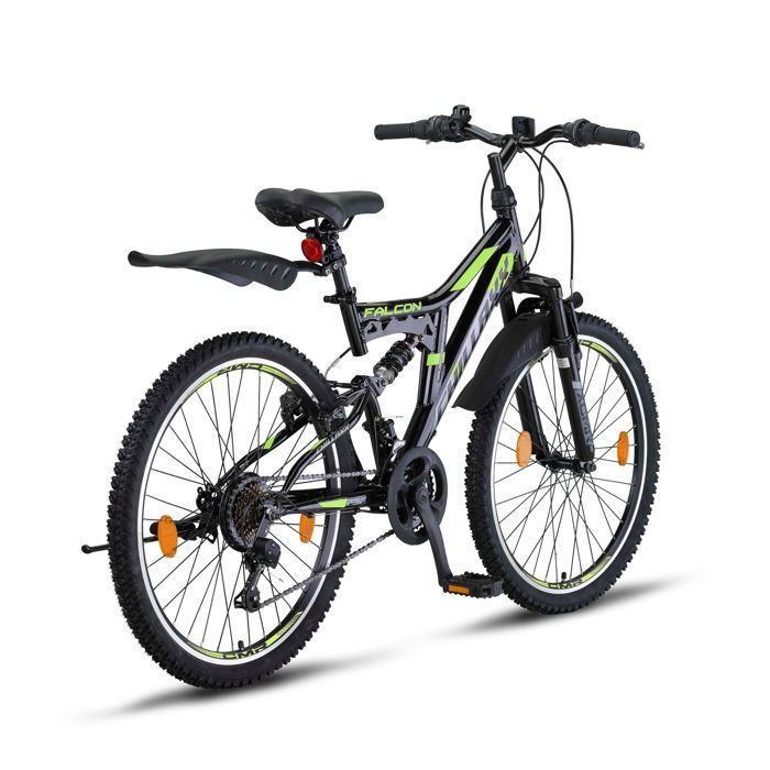 Vélo VTT - CHILLAXX Falcon - 24 pouces - 21 vitesses - Noir-vert citron - frein en V