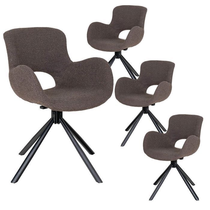 HERMOS - Juego de 4 sillas de comedor de tela bouclé color topo con base giratoria de metal negro.