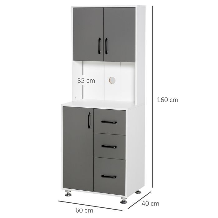 Aparador alto - HOMCOM - mueble de cocina con 3 puertas y 3 cajones, encimera - madera - 60x40x160cm - gris