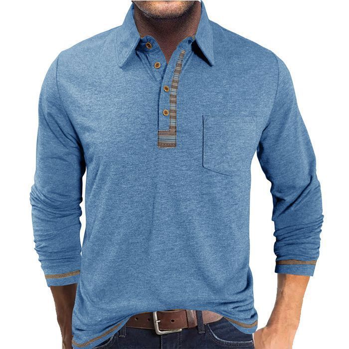 Herren-Poloshirt mit langen Ärmeln, regulärer Passform, mit Tasche, Kontrastfarben, Frühling/Herbst – EU-Größe – Hellblau