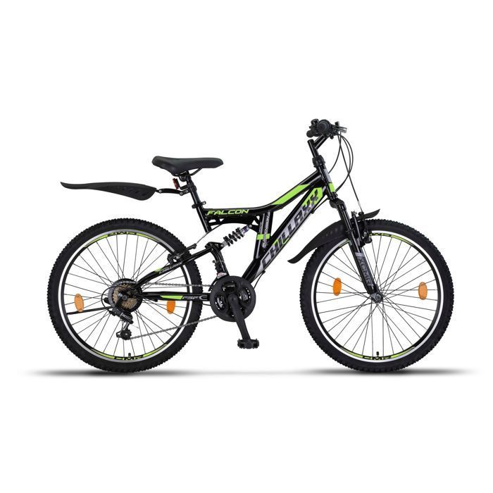 Vélo VTT - CHILLAXX Falcon - 24 pouces - 21 vitesses - Noir-vert citron - frein en V