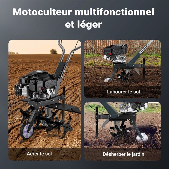 Wiltec Motobineuse 60 cm 2,5 KW 6 Fraises Lames Réservoir 0,8L Profondeur 25 cm Motoculteur Essence Moteur OHV Aérateur Scarificateu