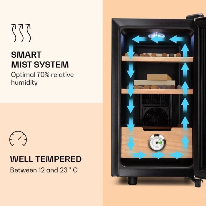 Humidor de puros - Klarstein El Presidente 23 Humidor - 45W - Humidor de puros - Control táctil - Madera de haya - 23L - LED - Plateado