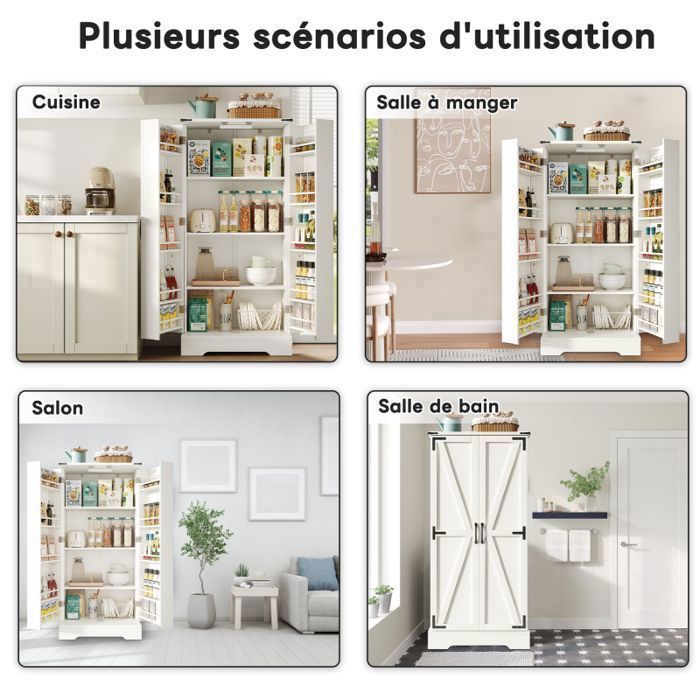 Buffet de Cuisine avec Éclairage LED Intégré - Meuble Armoire Haut 128cm pour Petit Espace - 2 Portes et 10 Étages Réglables