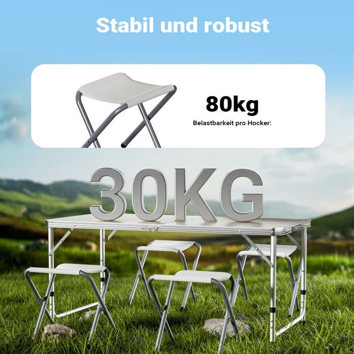 Wiltec Kit Table de camping pliante, 1200 x 600 x 545 mm, avec 4 assises tabourets, table portable blanche MDF/alu, réglable en haut