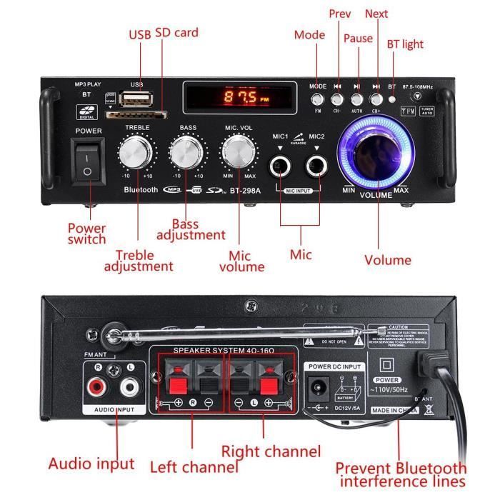 Amplificador - BT-298A - 600W - 2 canales - Bluetooth - Radio FM - Control remoto