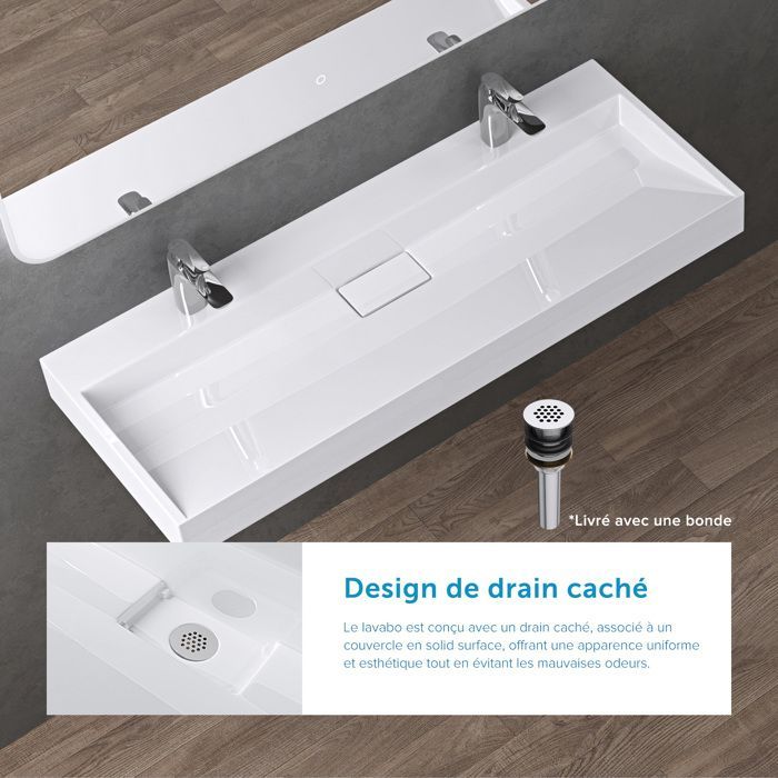 Lavabo mural Doporro con desagüe, blanco, 120x46x11cm, lavabo rectangular con 2 orificios, Colossum19