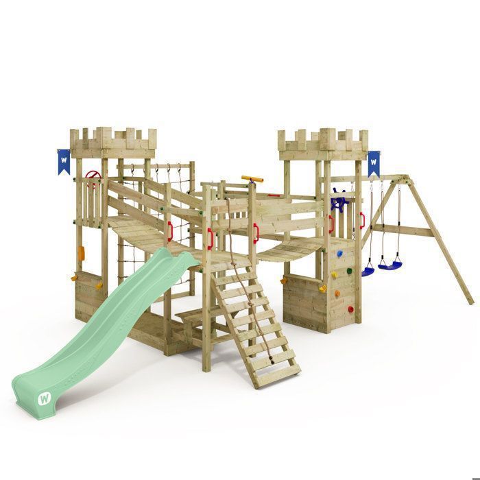 WICKEY Smart Arch Castle Play Area with 220cm Pastel Green Slide, Swings and Hanging Bridges – 10 Year Warranty*