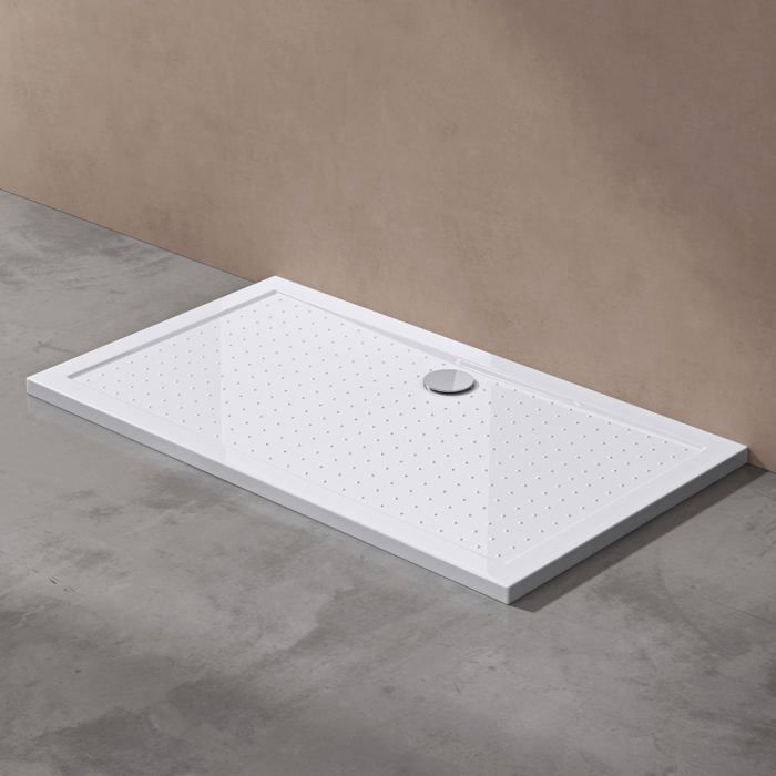 Plato de ducha acrílico Doporro Lucia04AR, antideslizante, blanco, plano, rectangular, 80x120x4cm, con desagüe AL01.