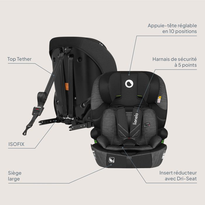 Silla de coche convertible LIONELO Levi Fix i-Size - ISOFIX - 76-150 cm - Asiento ancho - Grupo 1/2/3 - Gris