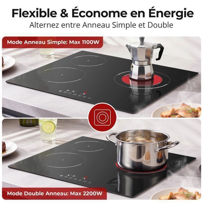 Plaque Vitrocéramique 3 Foyers Encastrable,Plaque de Cuisson,Table de Cuisson 59 cm, 5200W, 9 Niveaux de Puissance, Minuteur Intégré