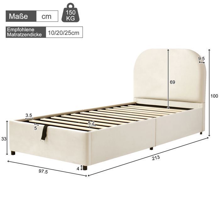 Lit Coffre - Becag - Lit enfant rembourré 90x200cm avec tête de lit, Lit simple capitonné avec rangement hydraulique, Velours Beige