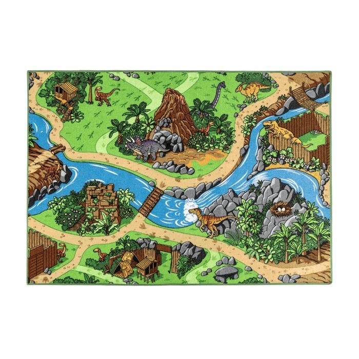 Alfombra de juegos infantil de 95x133cm, diseño de dinosaurios y pista de coches - Lavable - Antideslizante - Carpet Studio