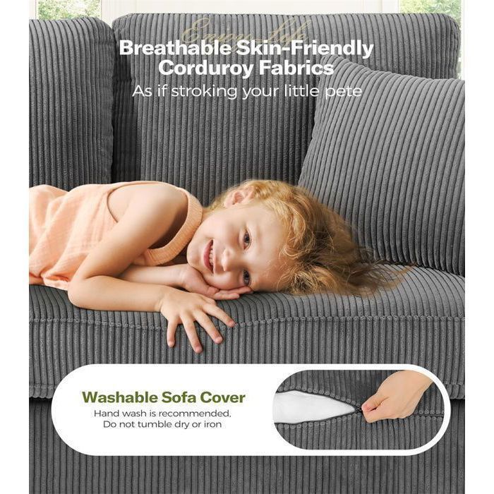Large 3-Seater Sofa in Grey Corduroy, Scandinavian Style Sofa with 3 Cushions and 2 Pillows for the Living Room, 220×76×84cm