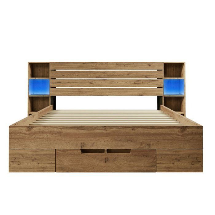 Cama con almacenamiento - LANGTU - 160x200 - Madera maciza de roble - Luces LED ajustables - Puertos USB/Tipo-C y cajones