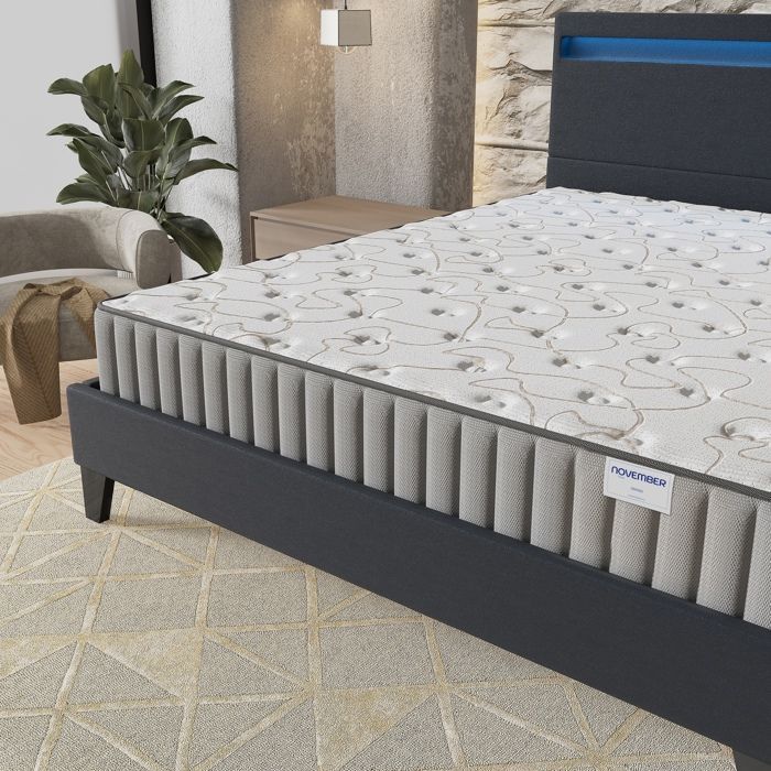 Colchón y cama (140 x 200 cm) Orionis 22 cm de espuma viscoelástica y espuma de alta densidad + base de láminas estable y cabecero LED negro