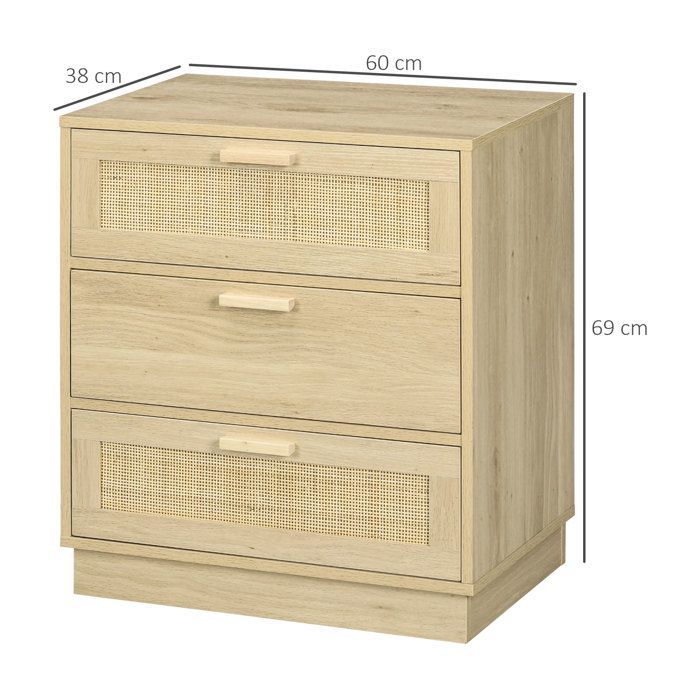 Cómoda de ratán estilo bohemio - HOMCOM - 3 cajones - mueble de almacenamiento - madera natural