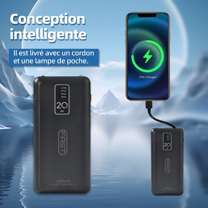 Externe batterij van 20000 mAh - Slankste powerbank - met 4 geïntegreerde kabels - Draagbare batterij en LCD-display, zwart
