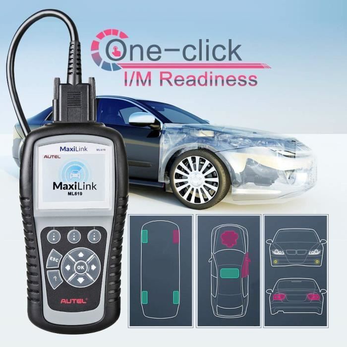Herramienta de diagnóstico para automóviles Autel MaxiLink ML619 con funciones OBD2 completas y lector de códigos OBD2 en francés.