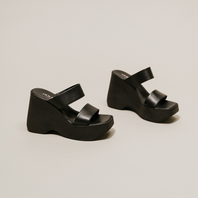Mules compensées à brides  en cuir noir