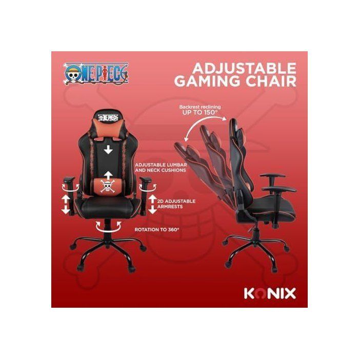 Silla de oficina para videojuegos - KONIX - Monobloque - Inclinación del asiento de 150° - Piel - Cojín lumbar y cervical ajustable - Negra