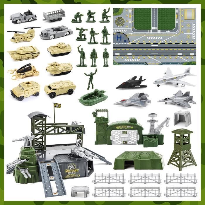 El set militar de juguete MARSEE incluye soldados, un vehículo militar, armas y accesorios. Juego de rol.