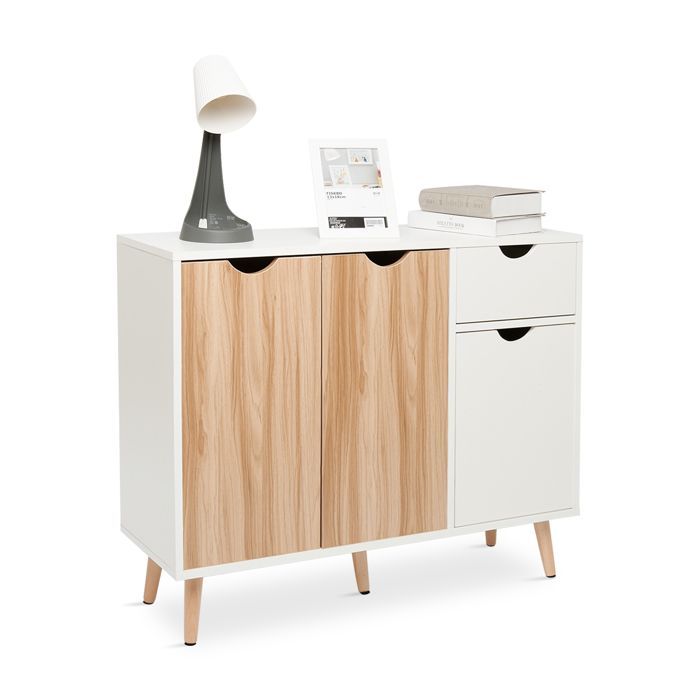 Aparador de cocina Mondeer, mueble bajo de almacenamiento con 1 cajón y 3 puertas, apto para comedor/dormitorio/sala de estar, 90x30x73 cm, roble y blanco.