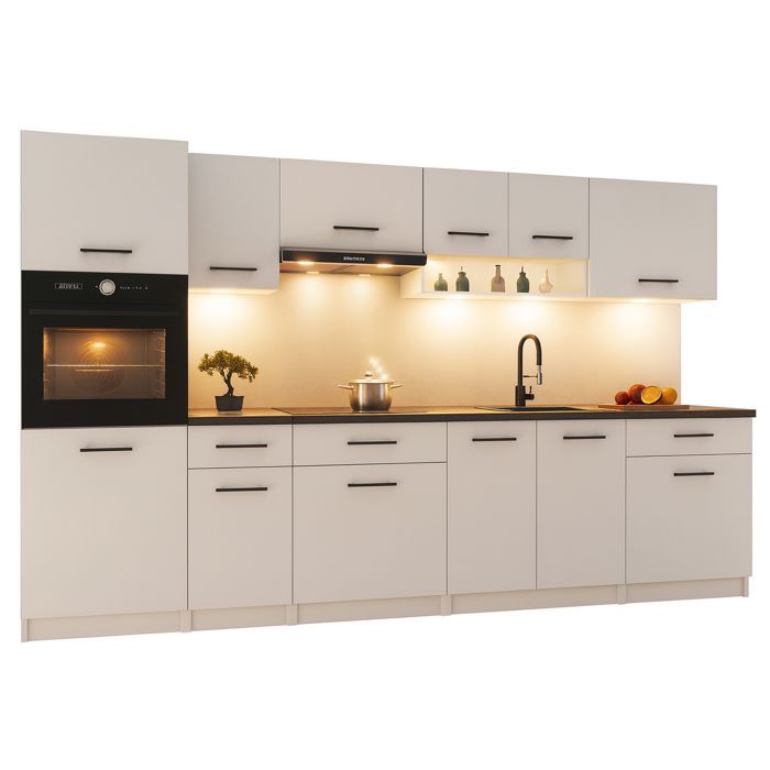 Cocina completa VIKI BLANCO MATE de 300 cm con columna de horno y 9 módulos de 18 mm.