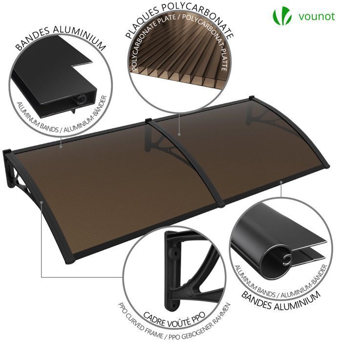 Marquesina para puerta de entrada VOUNOT® 200x80cm - Policarbonato - Resistente a los rayos UV - Marrón