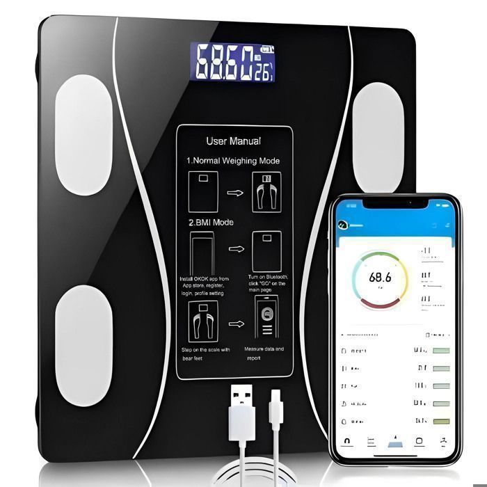 Bilancia per la composizione corporea, bilancia intelligente Bluetooth, ricarica USB con 19 punti dati corporei per iOS/Android