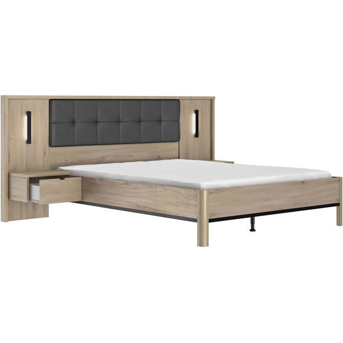 Volwassen bed met nachtkastjes met panelen - MAXIMIN - 160 x 200 cm - Licht Krönberg Eikenhout - GAMI