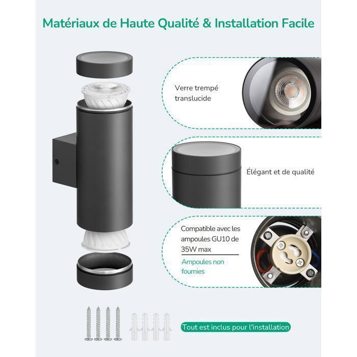Apliques de pared EDISHINE para interior/exterior, juego de 2, color negro, resistentes al agua IP44, casquillo GU10, bombilla necesaria, iluminación de pared.