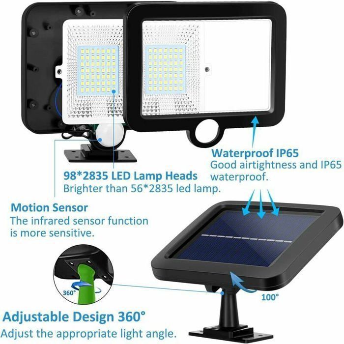 Lámpara solar exterior con detector de movimiento, foco solar LED, resistente al agua IP65, ángulo de iluminación de 120°.