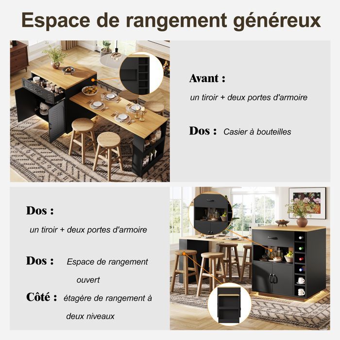 Kitchen island with extendable dining table, modern bar table with 2 drawers and 4 doors - 60-113×70×95.5cm - MDF - black