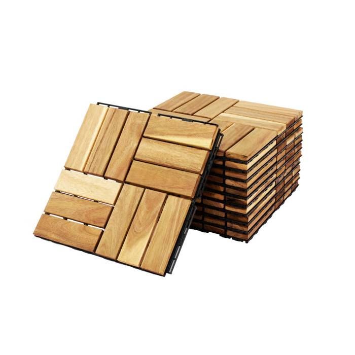 Set di 10 piastrelle per terrazza in legno di acacia, 30x30 cm, con motivo quadrato. Si assemblano a incastro.
