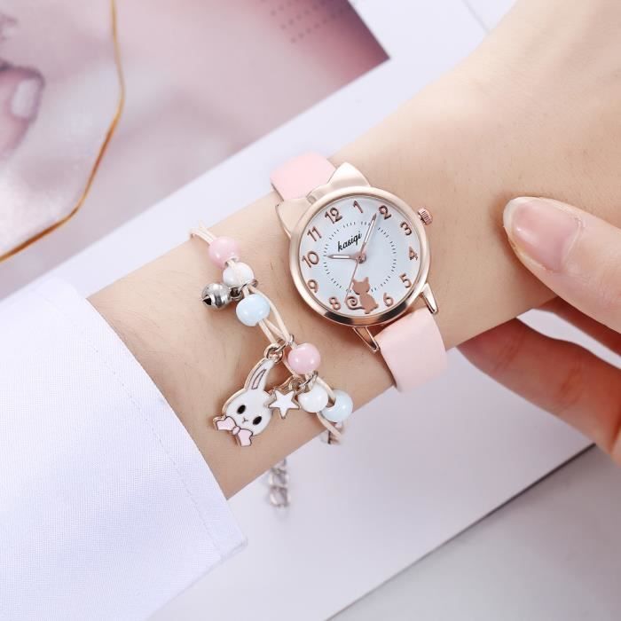 Conjunto de regalo SHARPHY para niñas: reloj de cuarzo, correa de piel con diseño de gato, resistente al agua, bonito y moderno color rosa.