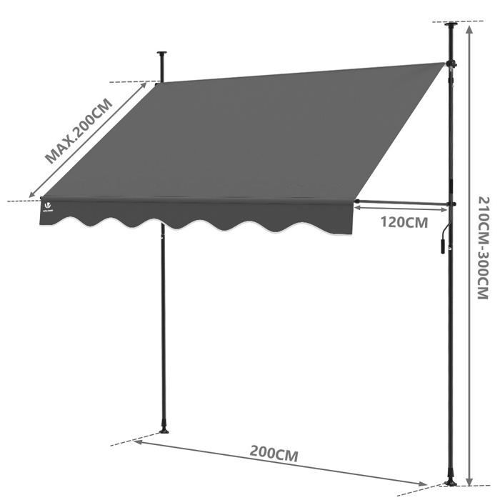 Toldo retráctil manual VOUNOT® de 200 cm, gris - No requiere taladrar - Altura e inclinación ajustables - Toldo con manivela